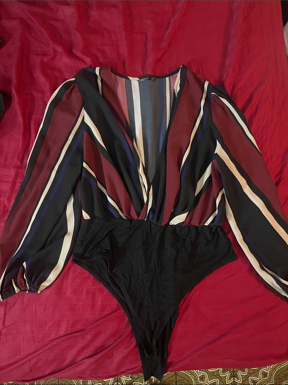 Striped Long Sleeve Bodysuit in Burgundy, Black & Cream
